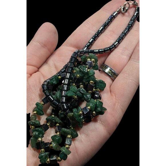Hematite Green Agate Layered Beaded Stone Necklace - Picture 3 of 6